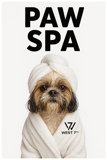 A dog wrapped in a white towel with the words "PAW SPA" above it.